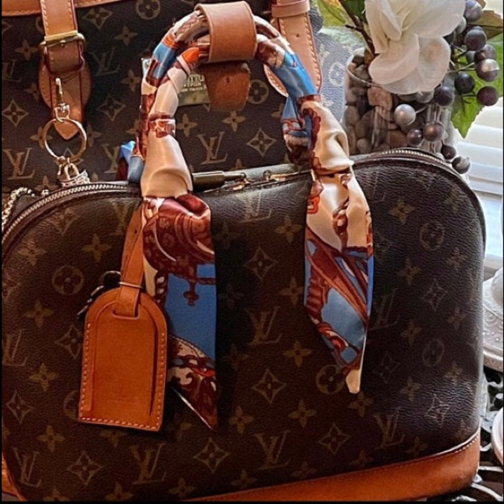 Purse Scarf blue brown ivory  2 handle covers